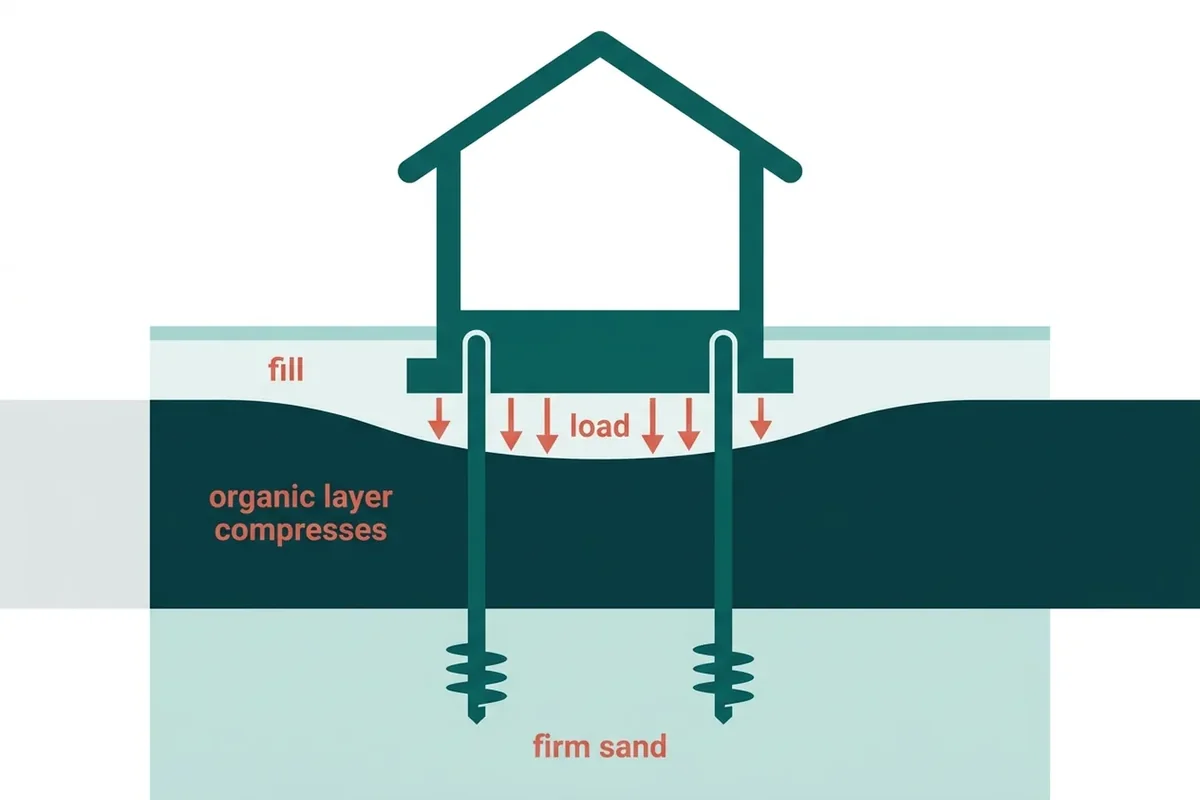 Diagram: a building load compressing an organic layer, with piers carried down to firm sand