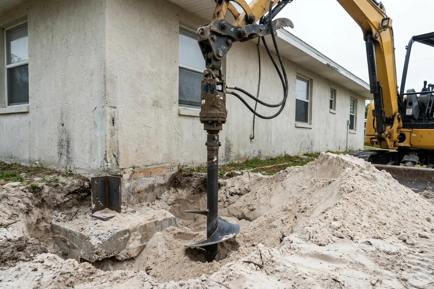 Excavation beside a foundation footing in pale Bay County sand, with drive head and steel support bracket in place