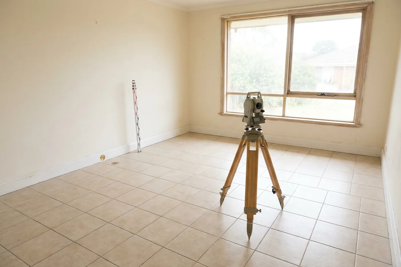 Digital level set up on a floor to record relative elevations across a house